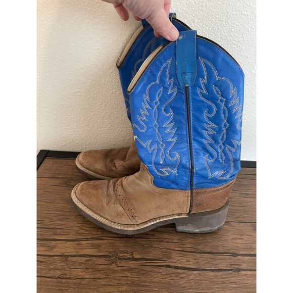 Old West  Youth Size 4.5 Blue Brown Leather Square Toe Cowboy Boots - Picture 1 of 5